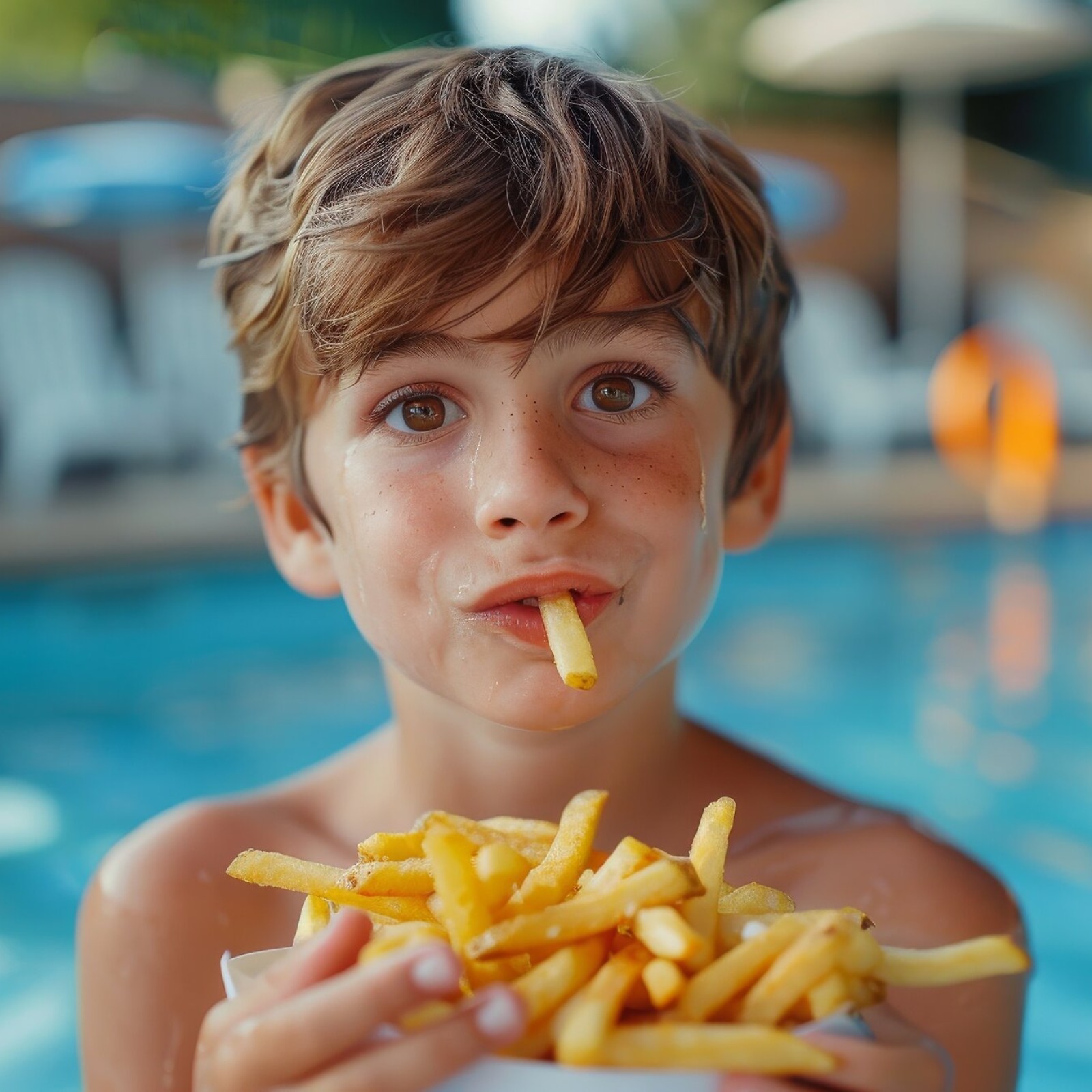 Junge isst eine Portion Pommes im Freibad.